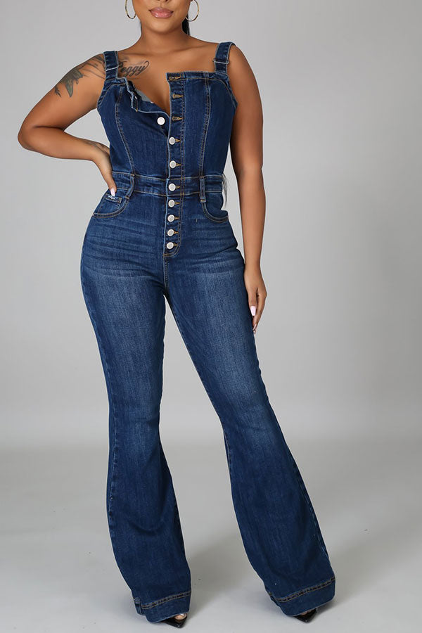 Blue Boyish Single Breasted Demin Jumpsuit
