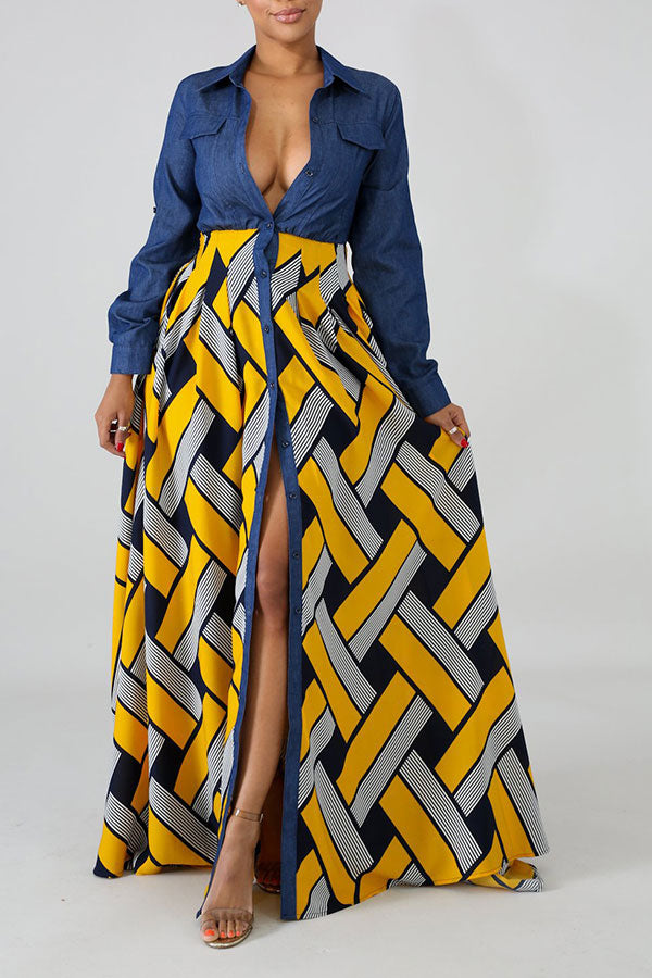 Demin Patchwork Stylish Single Breasted Maxi Dress