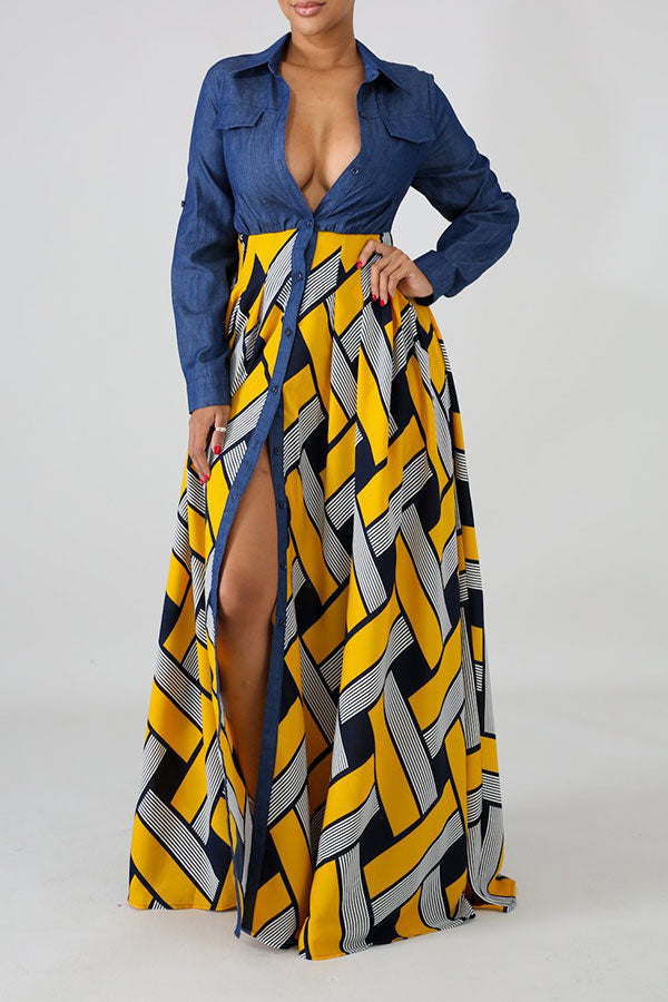 Demin Patchwork Stylish Single Breasted Maxi Dress