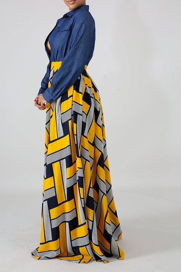 Demin Patchwork Stylish Single Breasted Maxi Dress