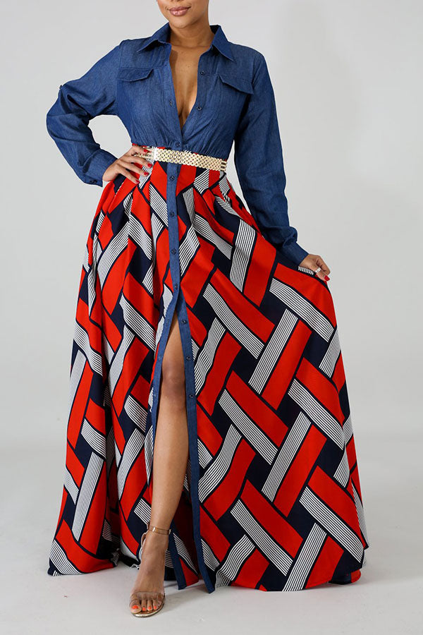 Demin Patchwork Stylish Single Breasted Maxi Dress