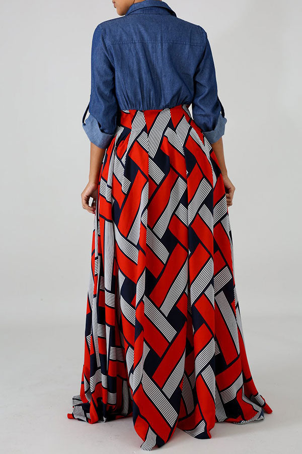 Demin Patchwork Stylish Single Breasted Maxi Dress