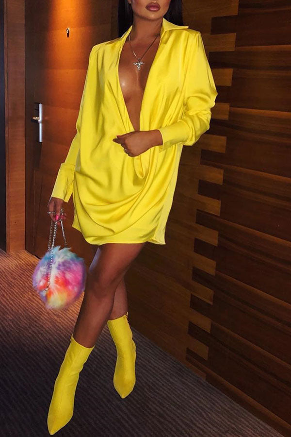 Ruched Solid Color Party Deep V Neck Mini Dress