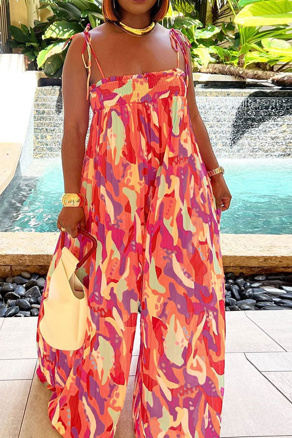 Floral Print Laid Back Wide Leg Pleated Jumpsuit