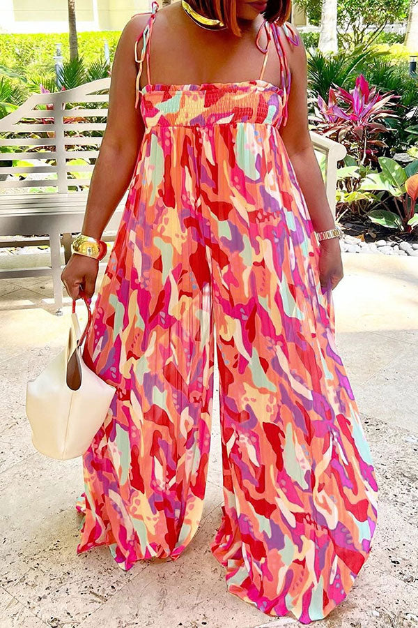 Floral Print Laid Back Wide Leg Pleated Jumpsuit
