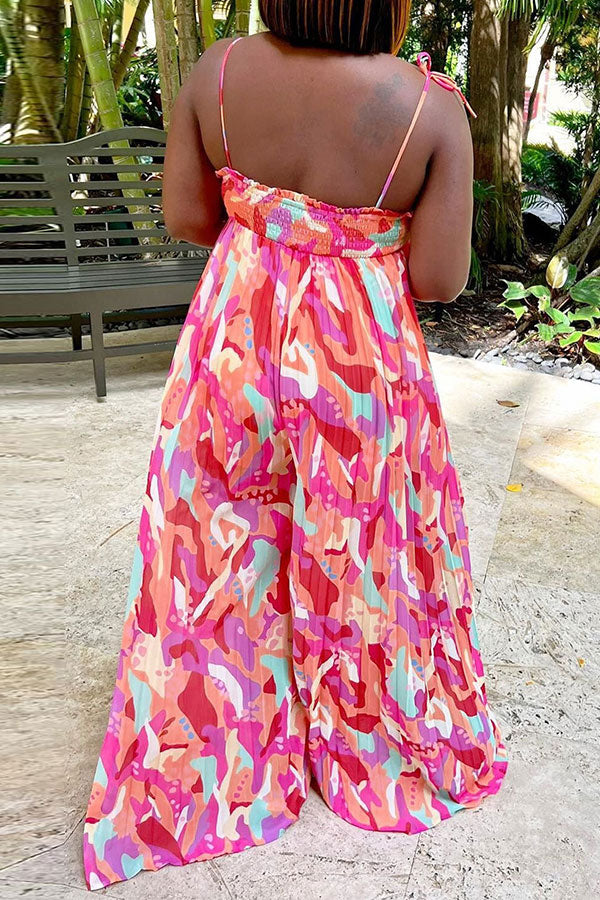 Floral Print Laid Back Wide Leg Pleated Jumpsuit