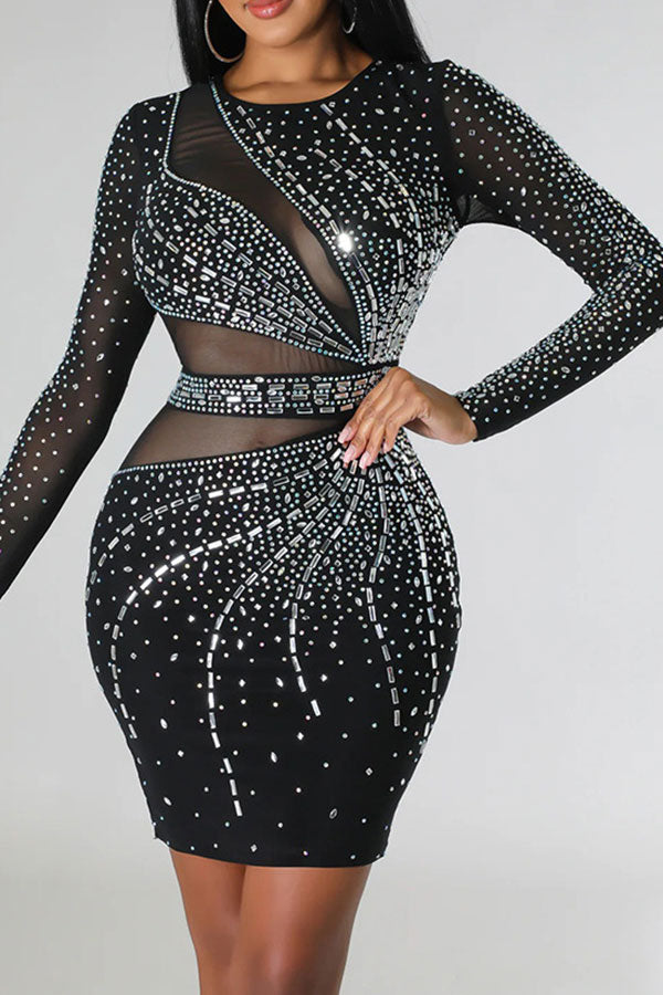 Rhinestone Flirty Mesh Patchwork Mini Dress