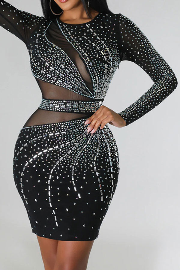 Rhinestone Flirty Mesh Patchwork Mini Dress