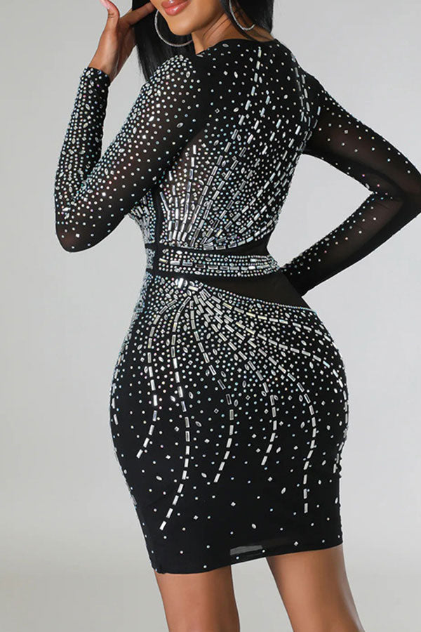 Rhinestone Flirty Mesh Patchwork Mini Dress