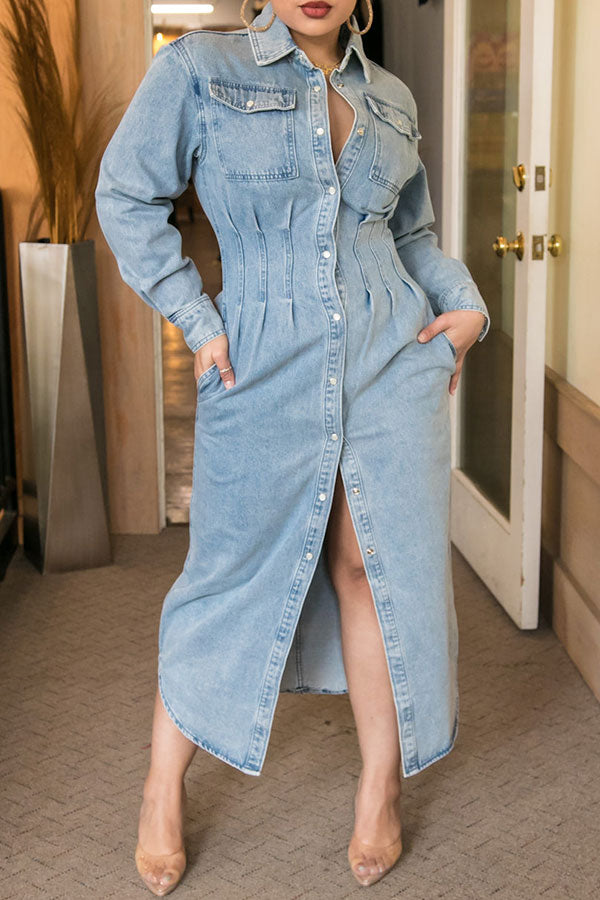 Solid Color Urban Single Breasted Denim Midi Dress
