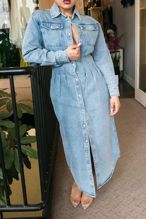 Solid Color Urban Single Breasted Denim Midi Dress