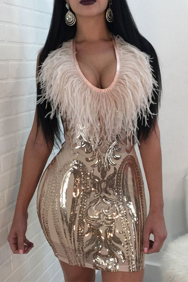 Feather Trim Luxe Sequined Mini Dress
