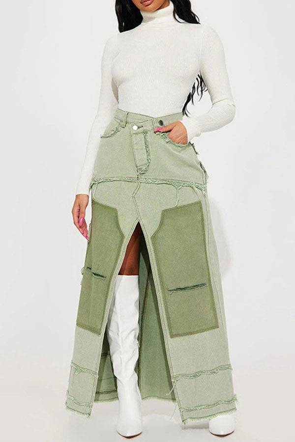 Color Block Patchwork Unique High Split Denim Skirt