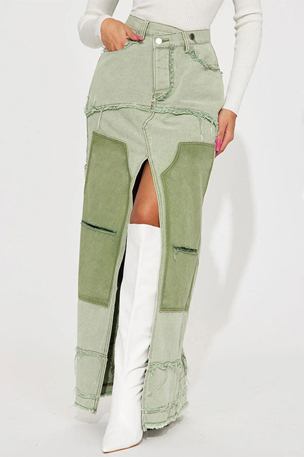 Color Block Patchwork Unique High Split Denim Skirt