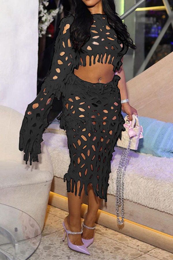 Solid Color Whimsical Burn-Out Tassel Dress Suit