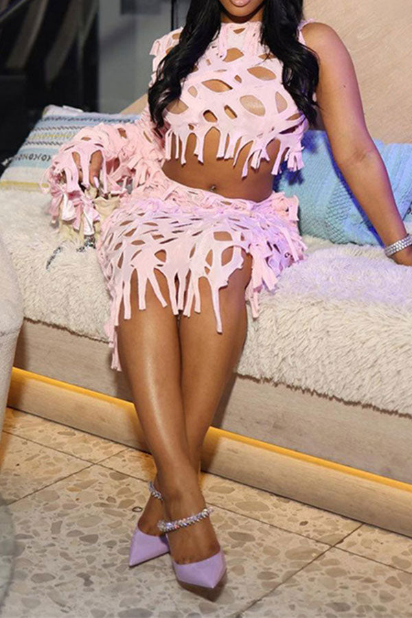 Solid Color Whimsical Burn-Out Tassel Dress Suit