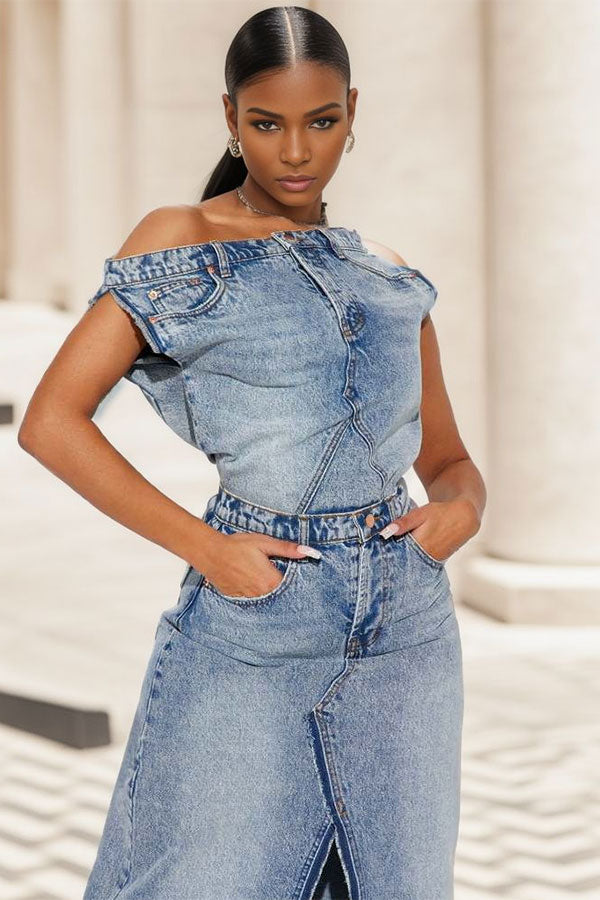 Blue Romantic High Split Slash Neck Dress Suit