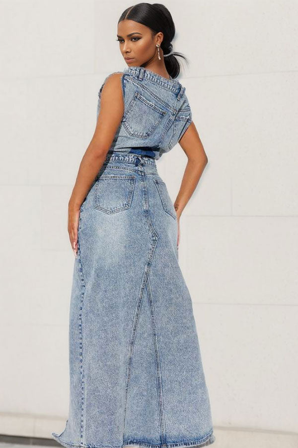 Blue Romantic High Split Slash Neck Dress Suit