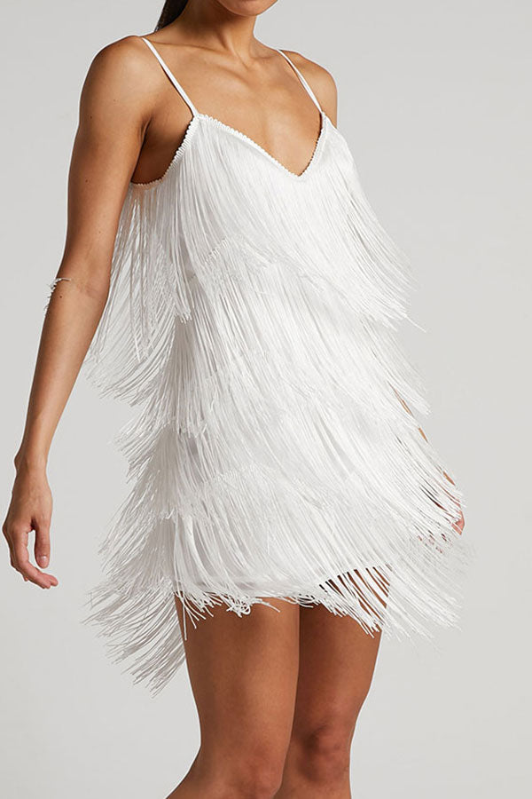 Solid Color Retro Tassel Mini Dress