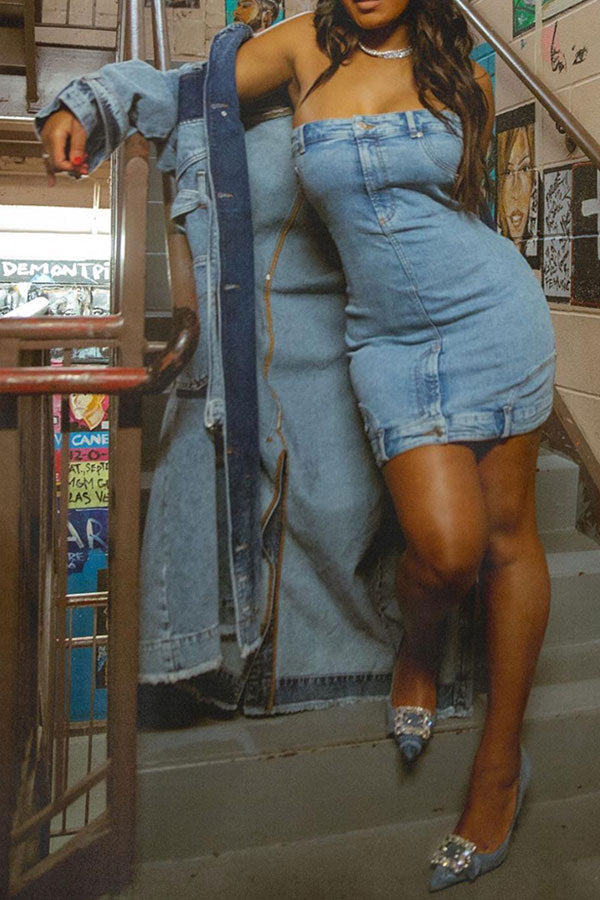 Blue Bandeau Unique Denim Mini Dress
