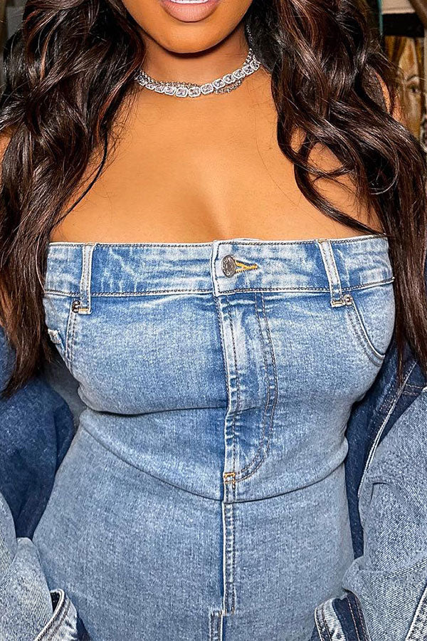 Blue Bandeau Unique Denim Mini Dress
