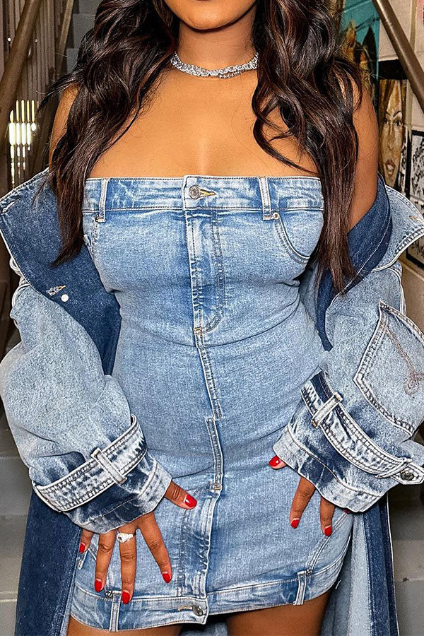 Blue Bandeau Unique Denim Mini Dress