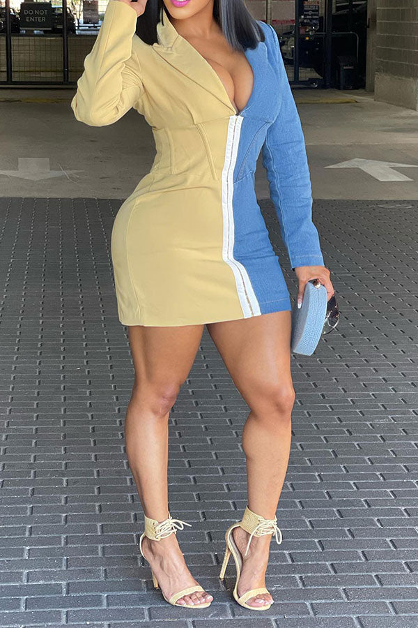 Denim Patchwork Stylish Color Block Mini Dress